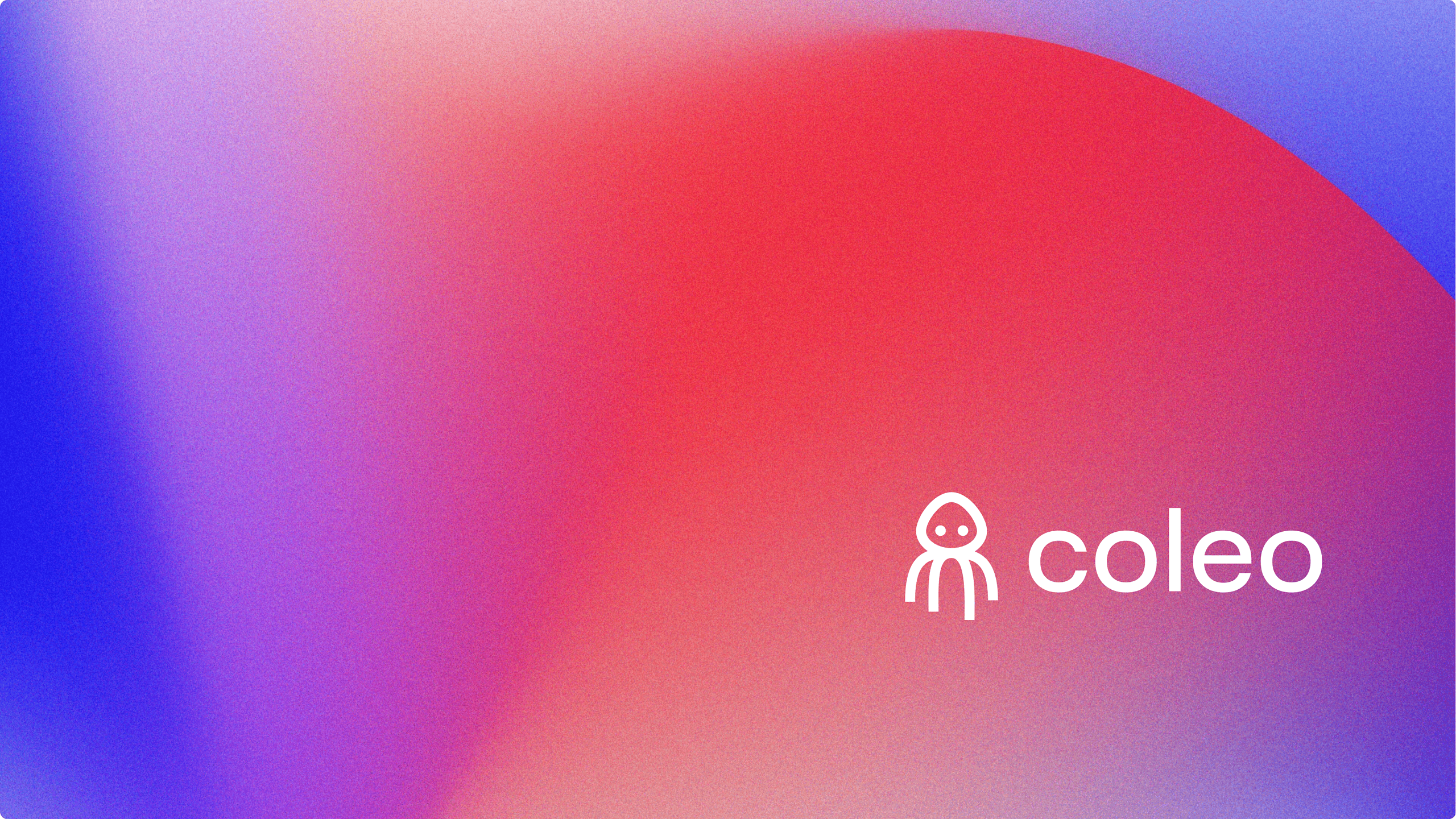 Abstraktes Hintergrundbild im Coleo-Branding mit einem weichen Farbverlauf von Blau zu Rot. Rechts unten steht das weiße Logo, bestehend aus einem Tintenfisch-Icon und dem Schriftzug 'coleo'
