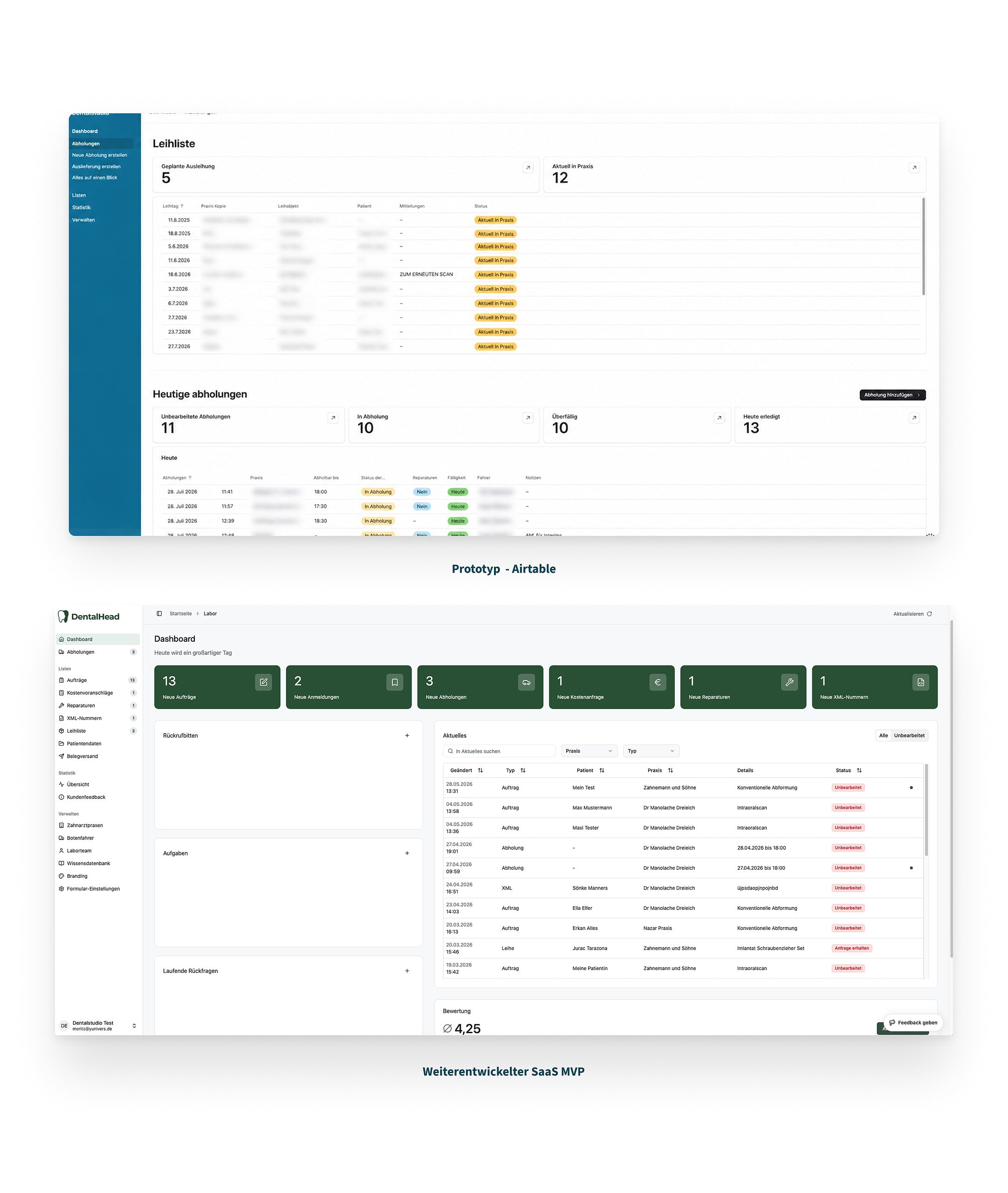 MVP Entwicklung bei Dentalhead: Vergleich zwischen Airtable-Prototyp und weiterentwickelter SaaS-Anwendung