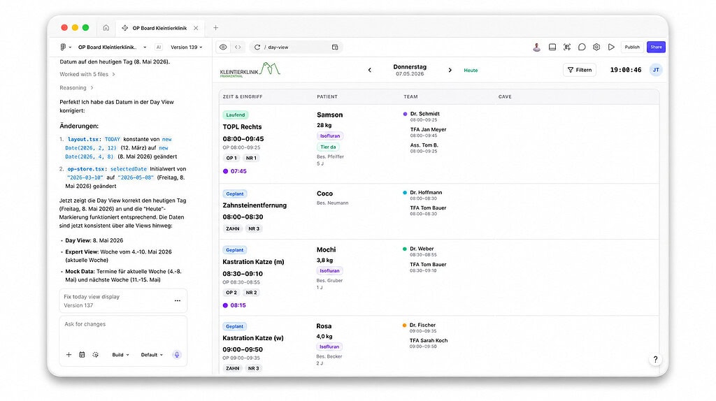 Screenshot eines KI-Prototyps für ein OP-Planungstool, der mit Figma Make zur Validierung von UI, UX und Prozesslogik entwickelt wurde.