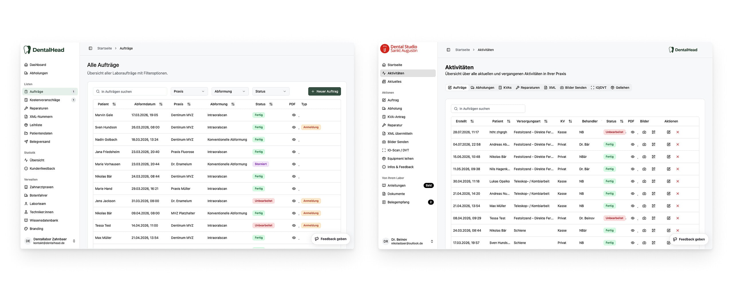Geteilte Darstellung von DentalHead Labor-Dashboard und kompakter Praxis-Auftragsübersicht 