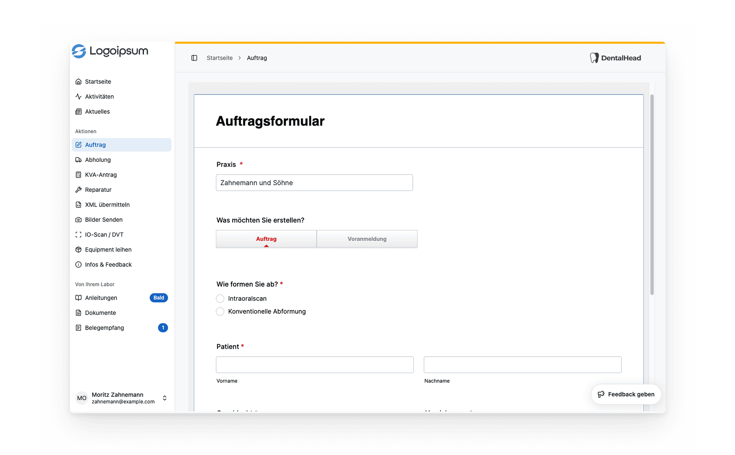 DentalHead- Praxisansicht: Geführte Auftragserfassung mit Datei-Upload 