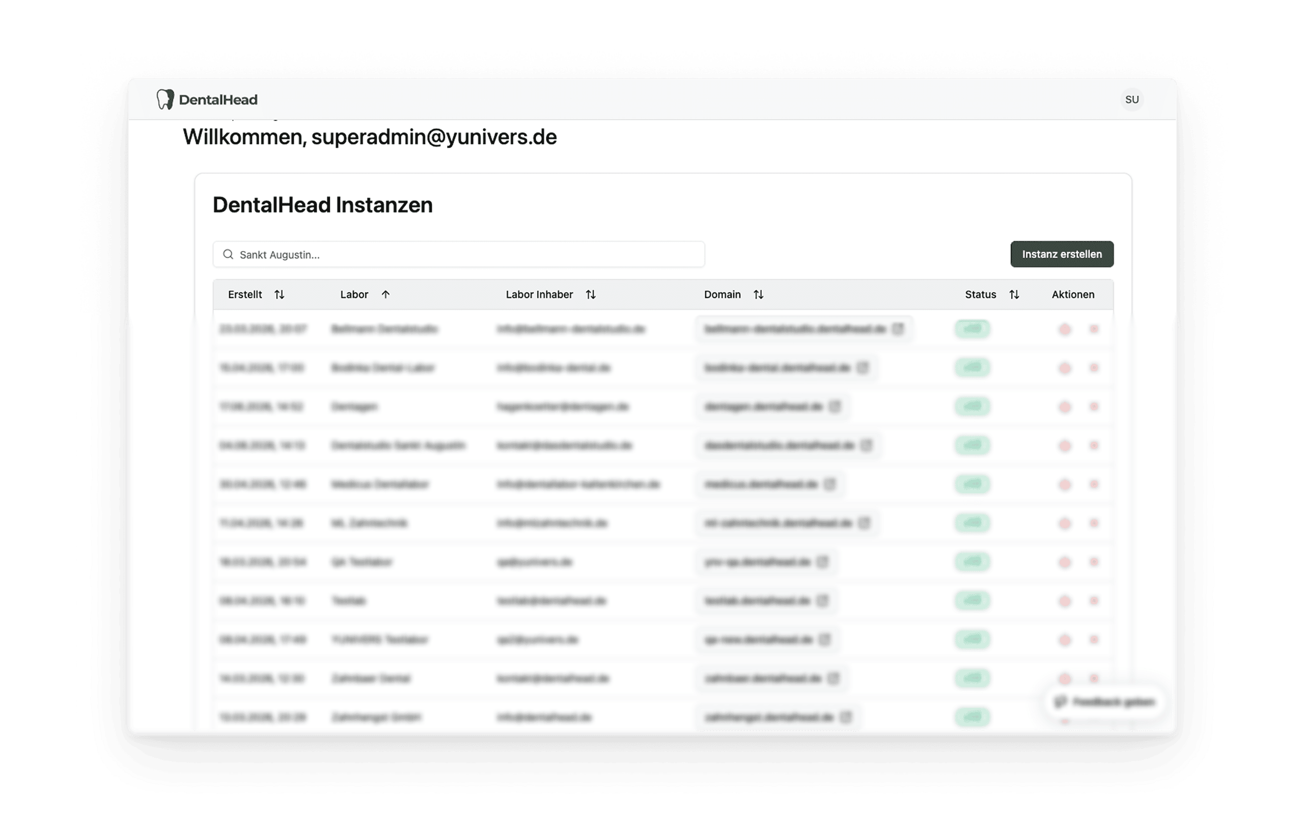 DentalHead SaaS Super-Admin-Backend mit Laborinstanzen, Subdomains, Status und One-Click-Onboarding 