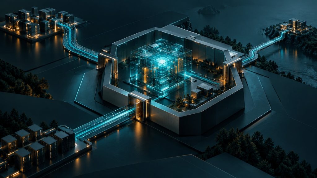 Illustration eines geschützten KI-Rechenkerns mit kontrollierten Datenverbindungen zu interner und externer Infrastruktur.